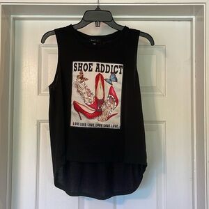 Love J - black sleeveless top - “Shoe Addict” applique - size L